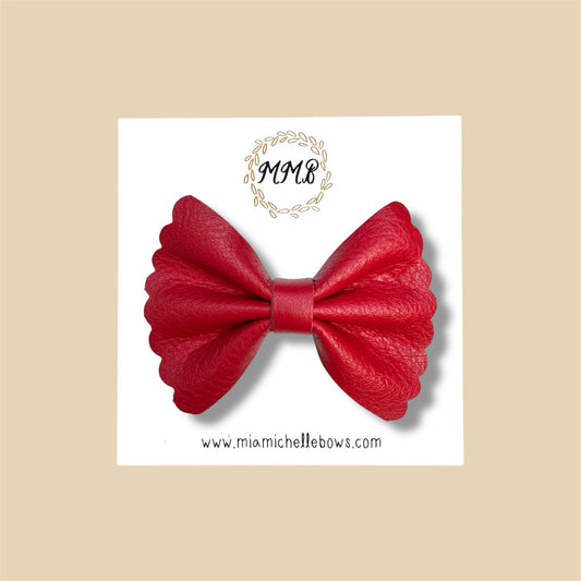 Bright Red Scalloped Genuine Leather Bow