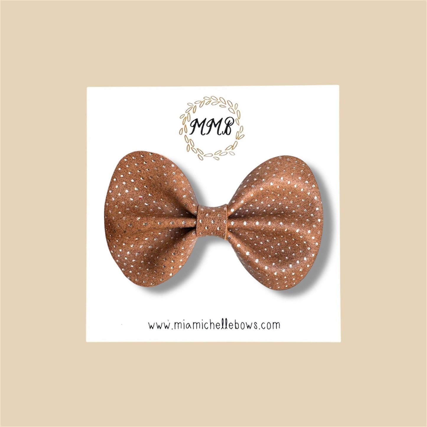 Tan & Silver Polkadot Vegan Leather Bow