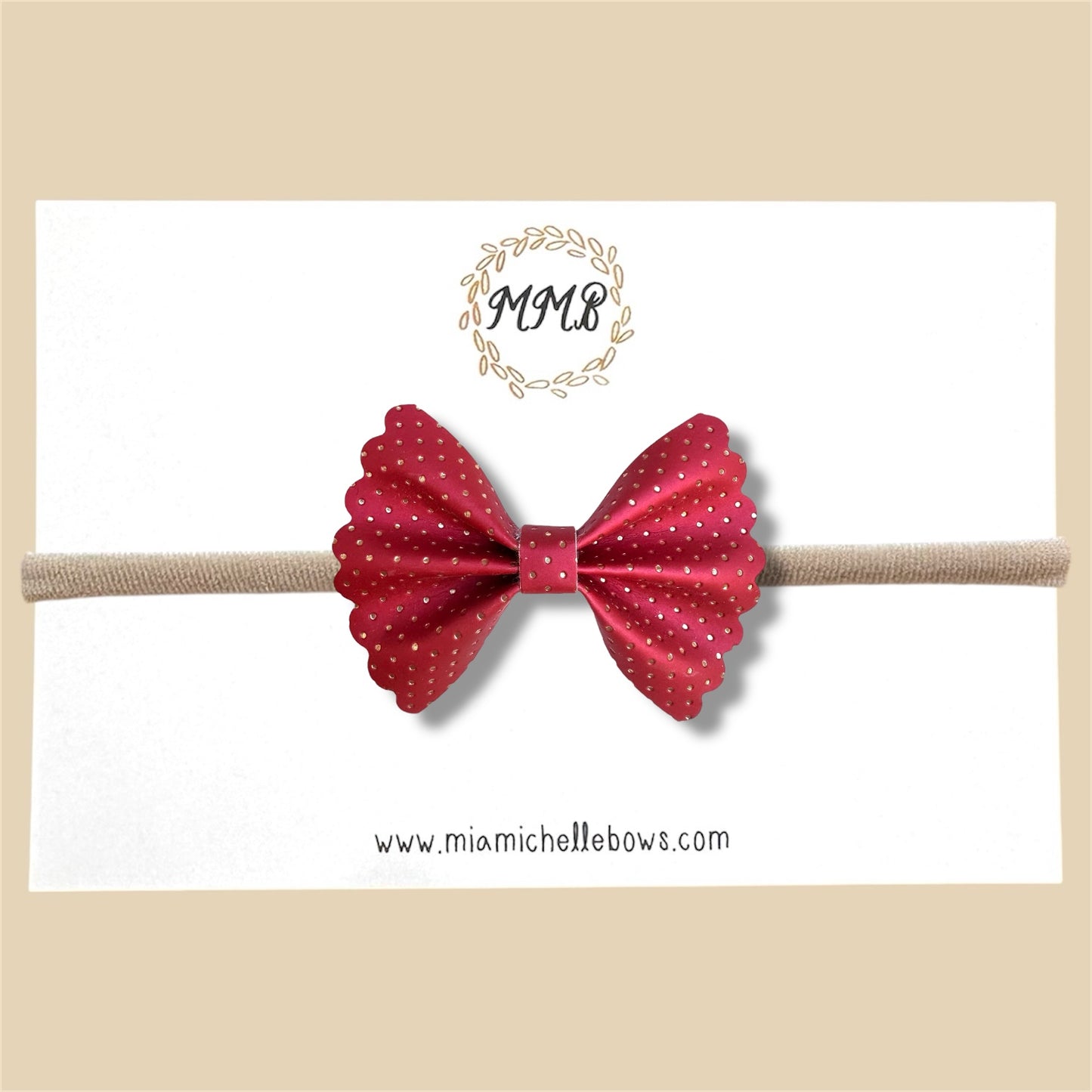 Dark Red & Gold Polkadot Scalloped Vegan Leather Bow