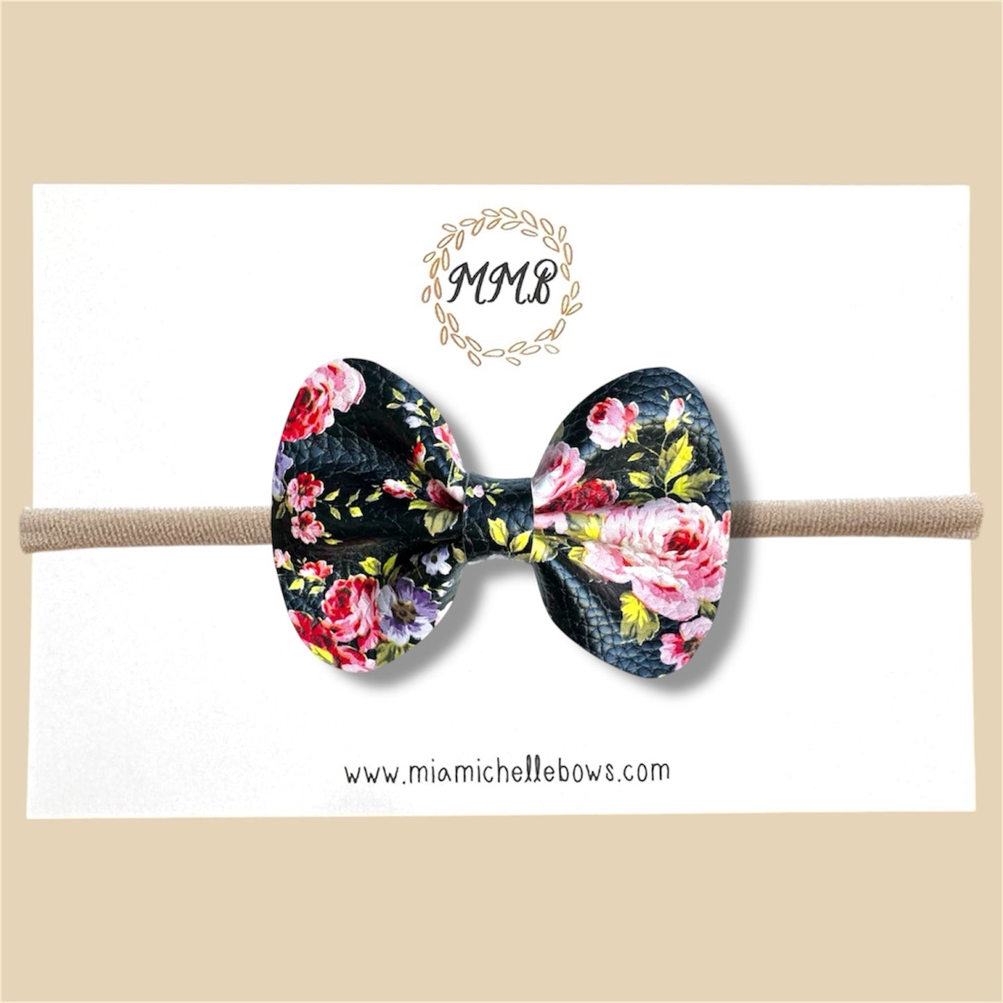 Black Rose Floral Vegan Leather Bow