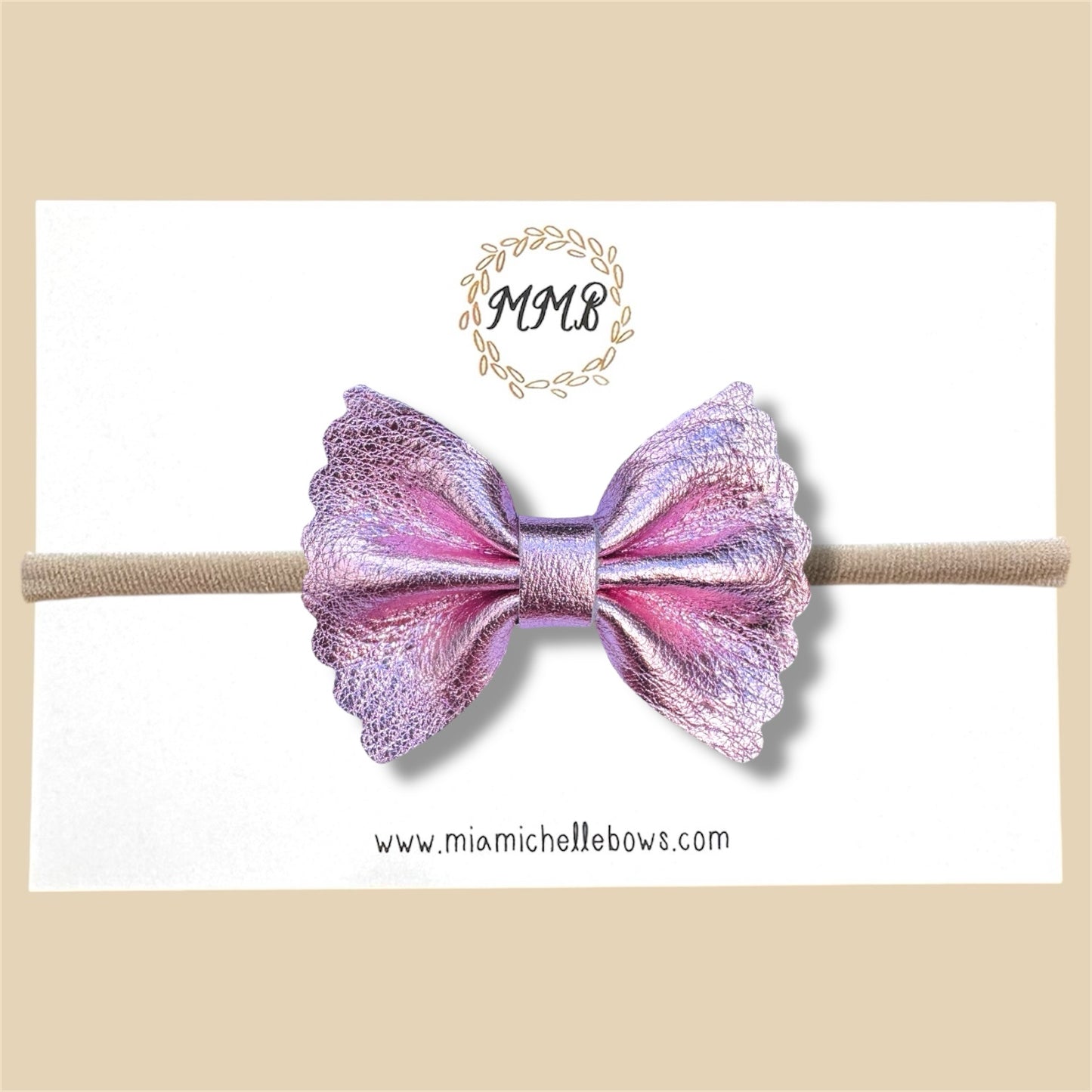Pink Metallic Scalloped Genuine Leather Bow
