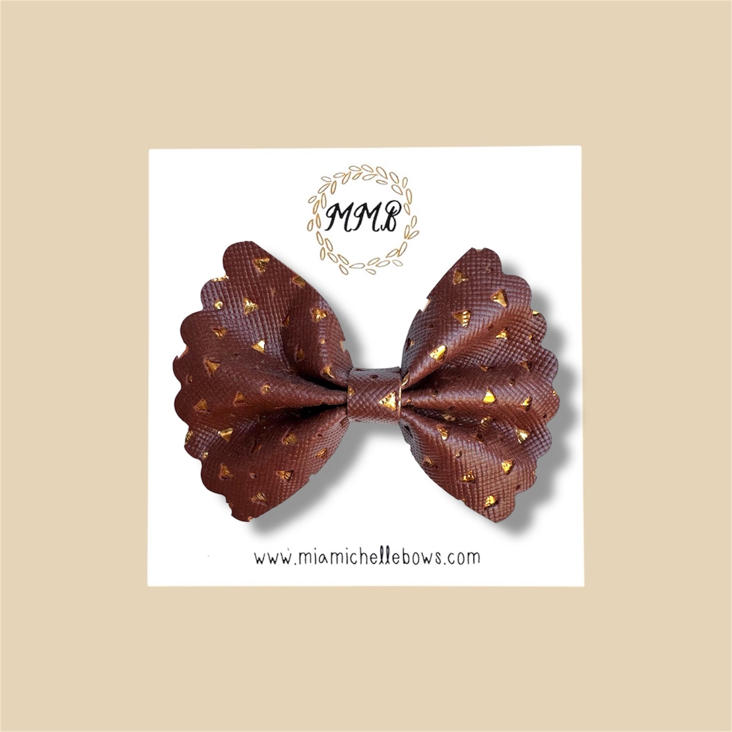 Brown & Gold Scalloped Vegan Leather Bow