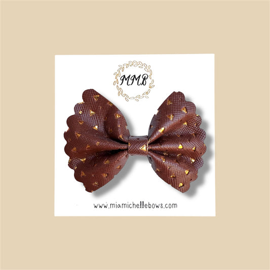 Brown & Gold Scalloped Vegan Leather Bow