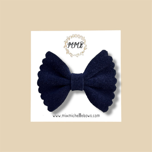 Dark Navy Scalloped Suede Genuine Leather Bow