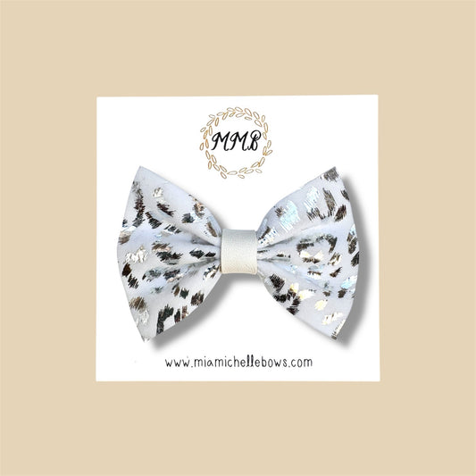 White Cheetah Vegan Leather Bow