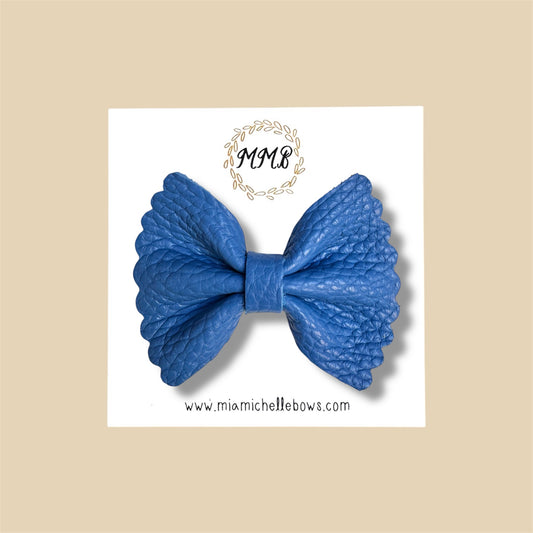 Blue Scalloped Pebbled Genuine Leather Bow