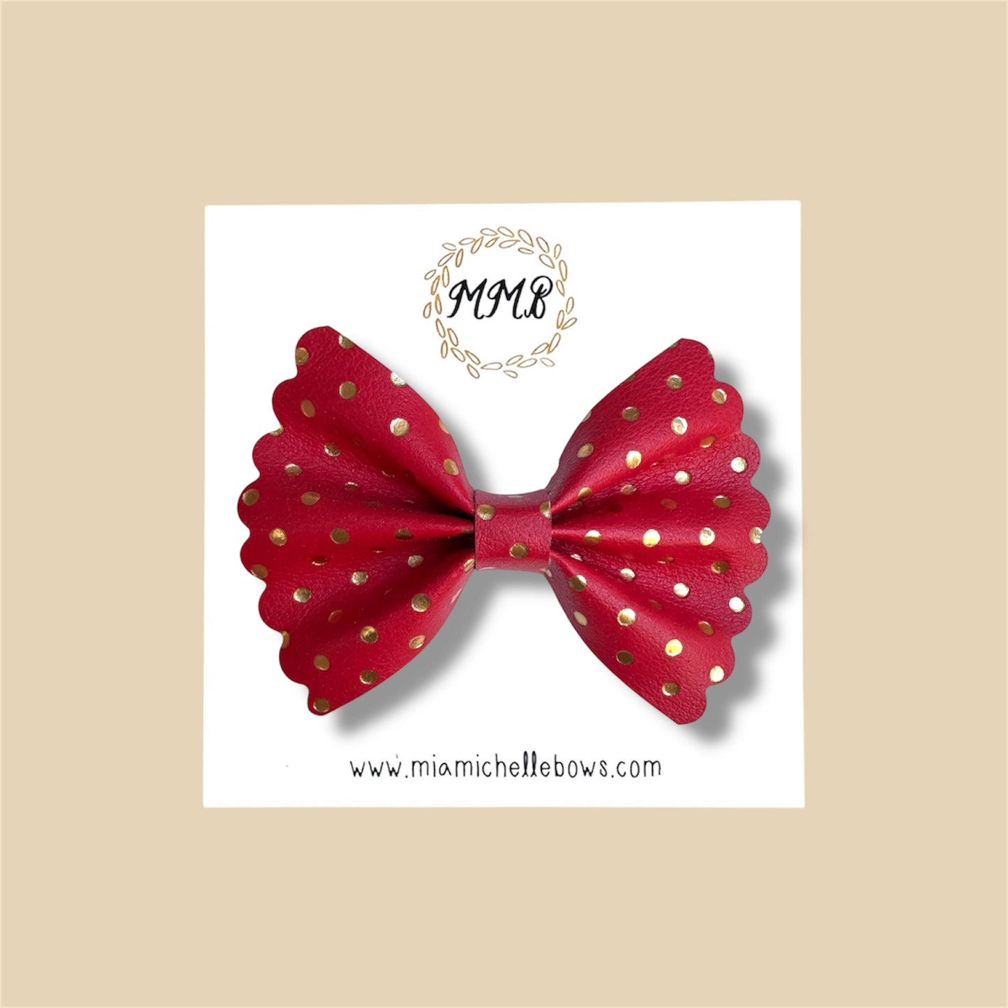 Red & Gold Polkadot Scalloped Vegan Leather Bow