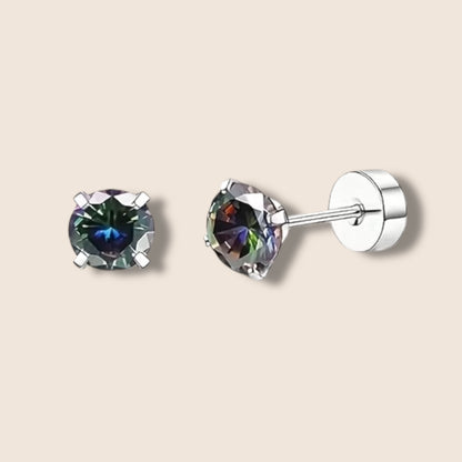Silver Iridescent Black CZ Flat Screw Back Studs