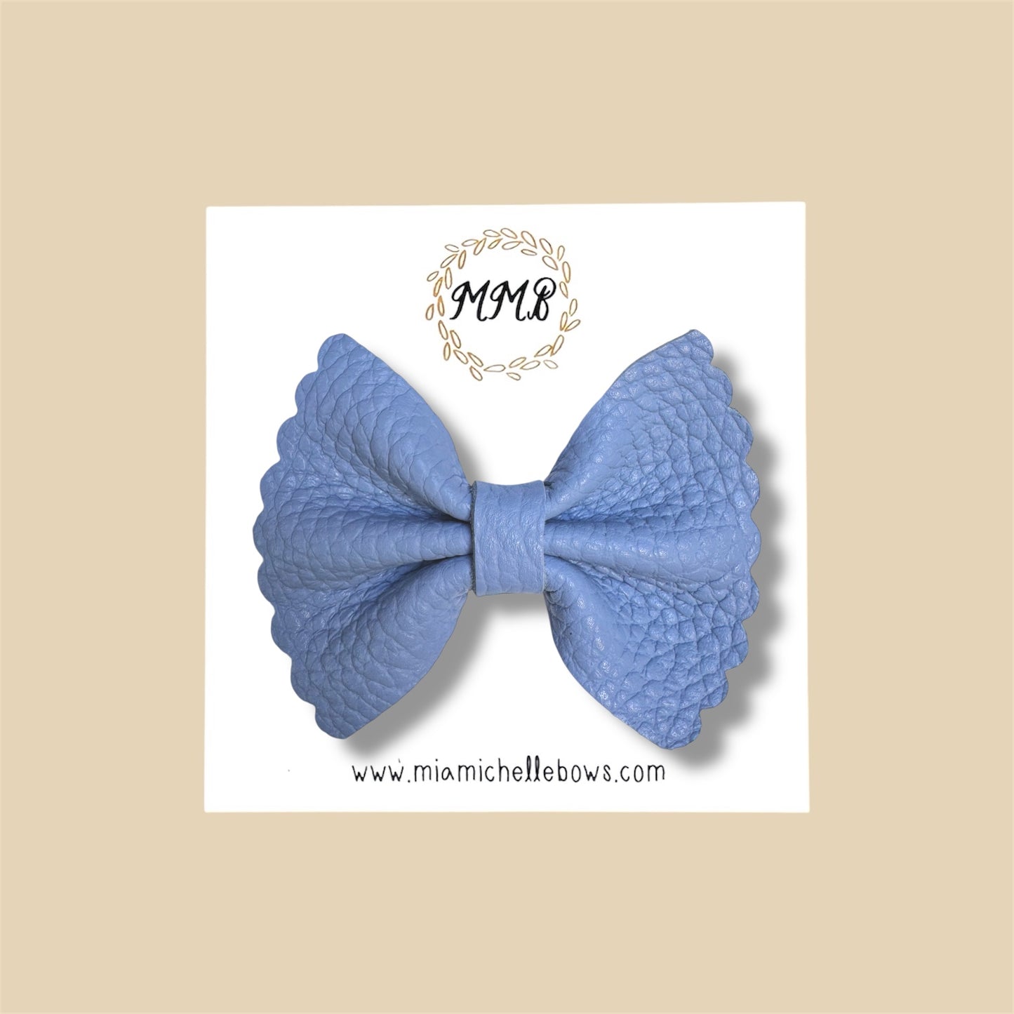 Steel Blue Scalloped Pebbled Genuine Leather Bow