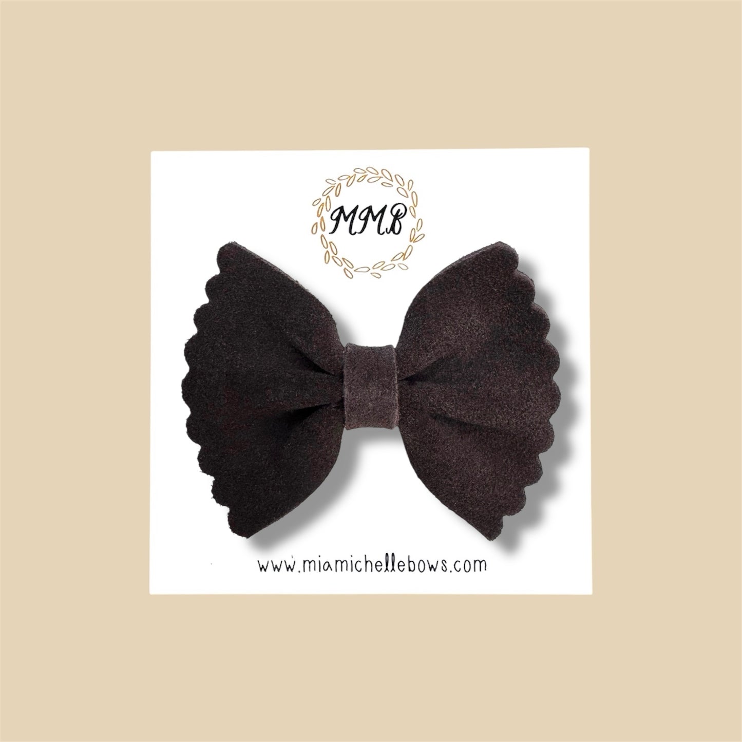 Dark Brown Scalloped Suede Genuine Leather Bow