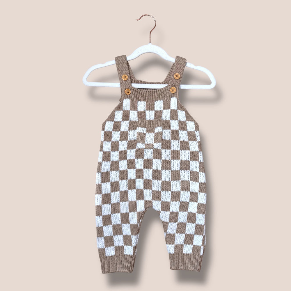 Tan Checkered Knit Romper