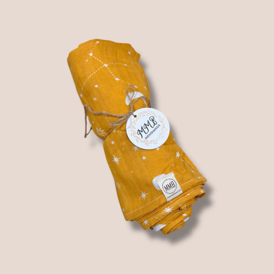 Handmade Cotton Gauze Muslin Swaddle —Mustard Solar System