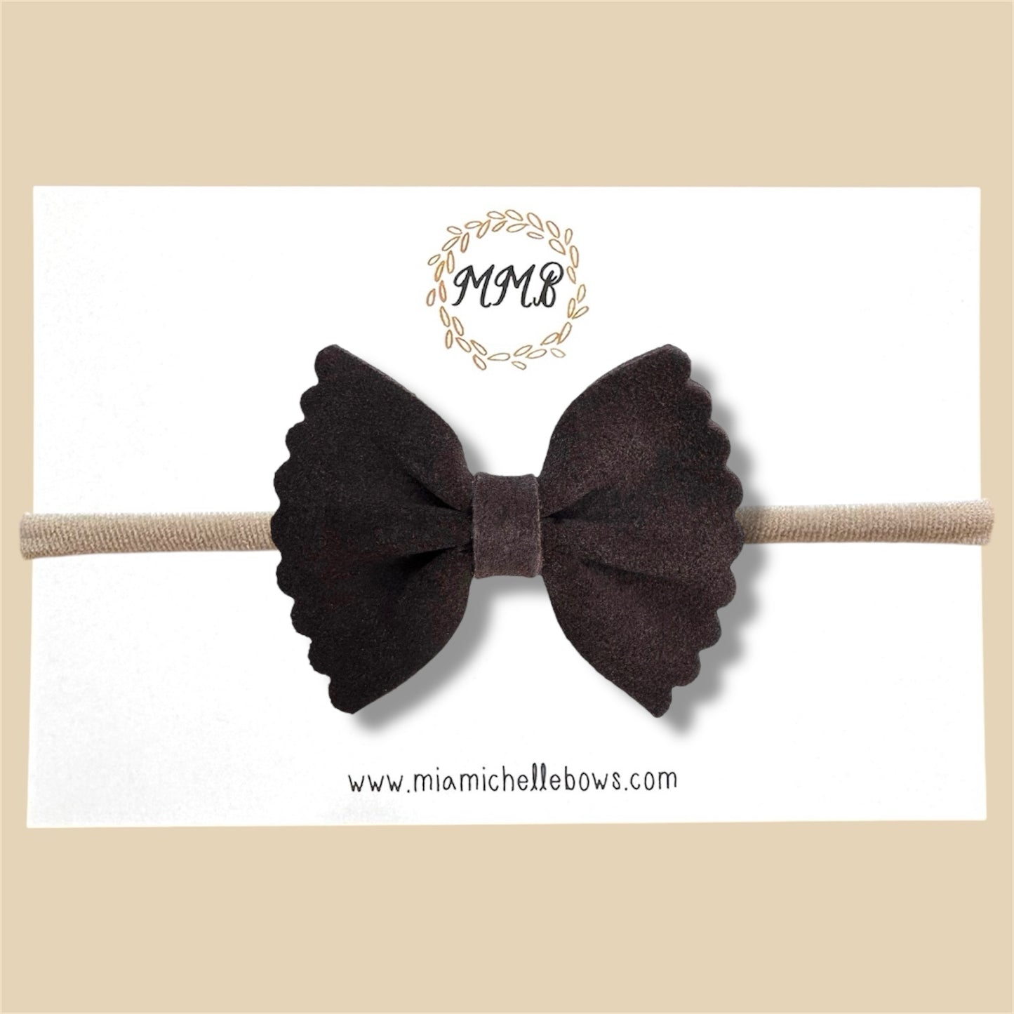 Dark Brown Scalloped Suede Genuine Leather Bow