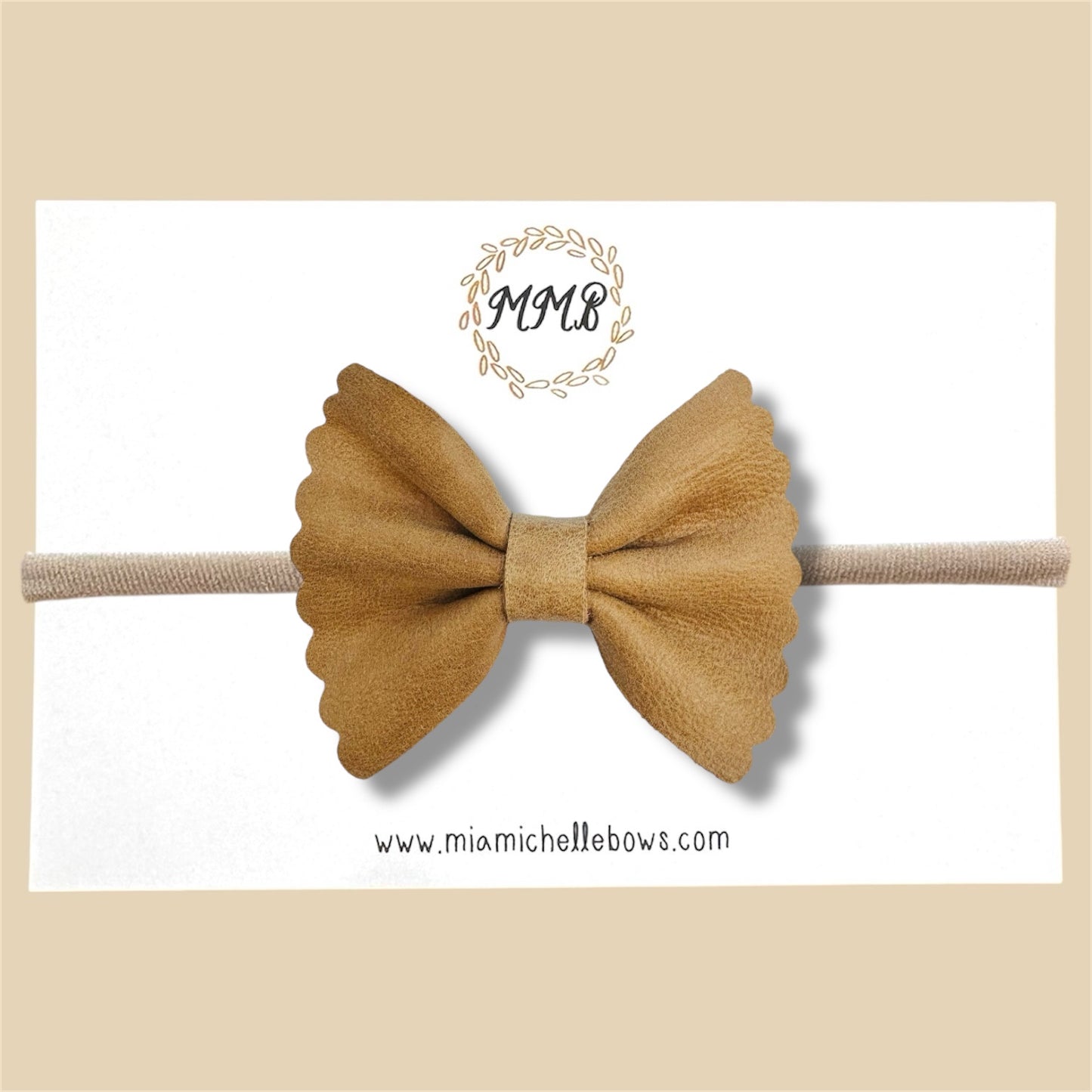 Tan Scalloped Genuine Leather Bow