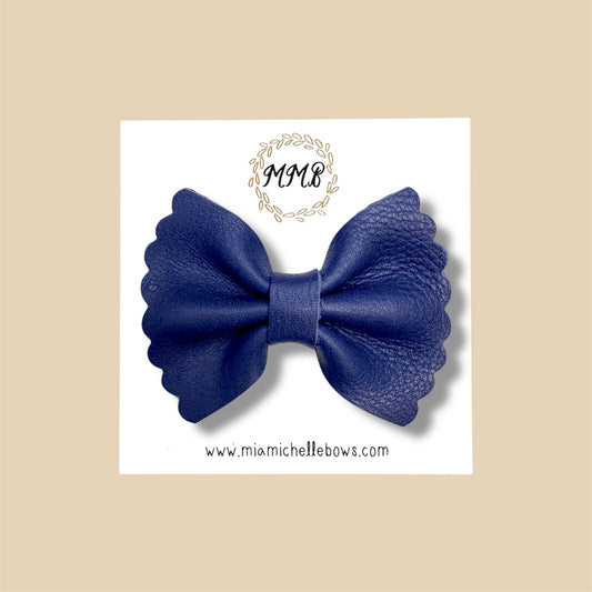 Navy Blue Scalloped Genuine Leather Bow