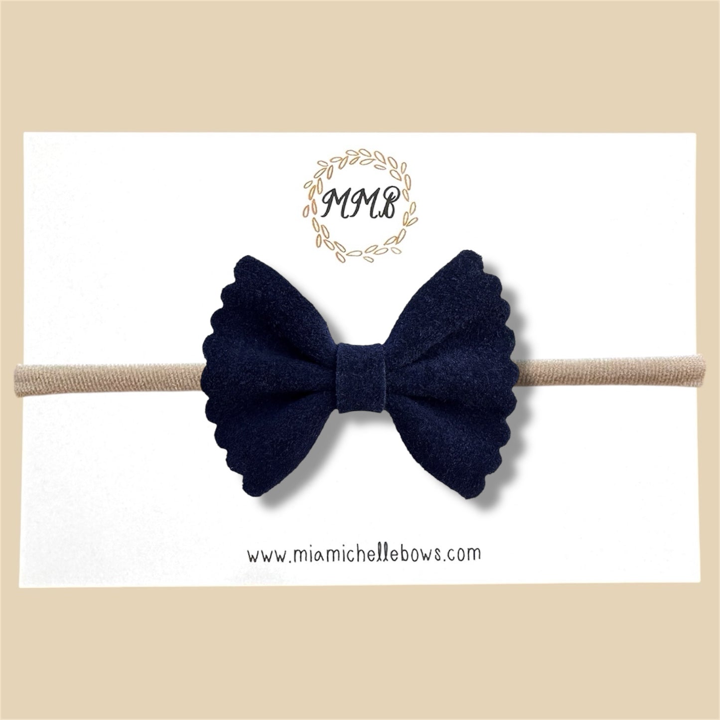 Dark Navy Scalloped Suede Genuine Leather Bow