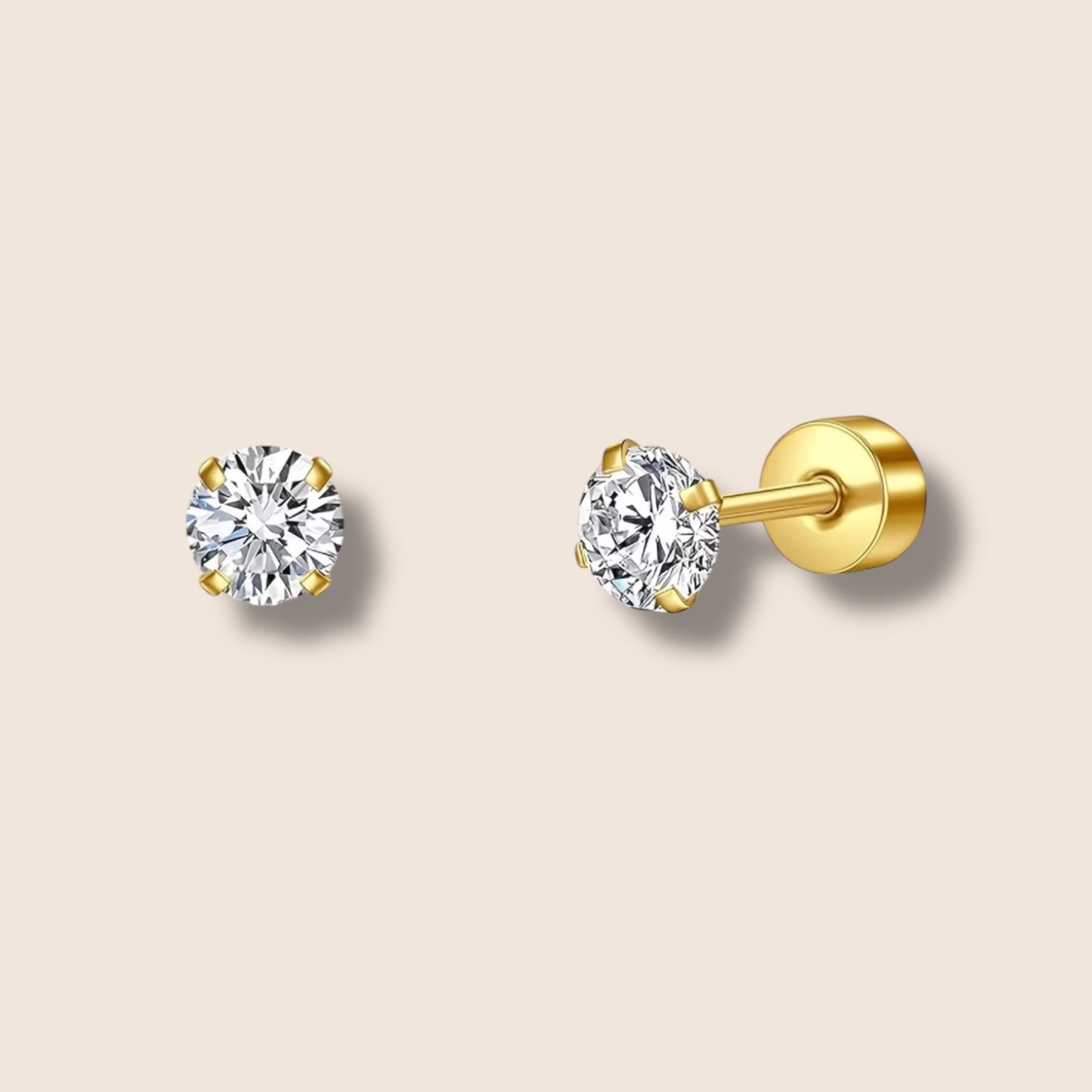 Gold Round CZ Flat Screw Back Studs