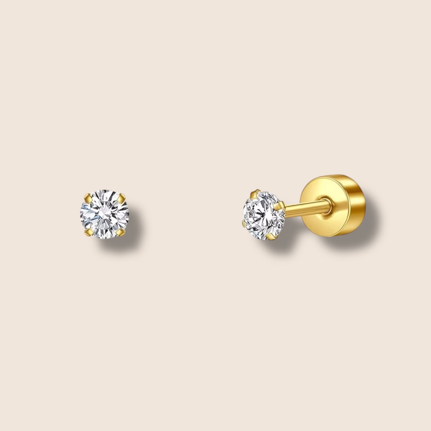 Gold Round CZ Flat Screw Back Studs