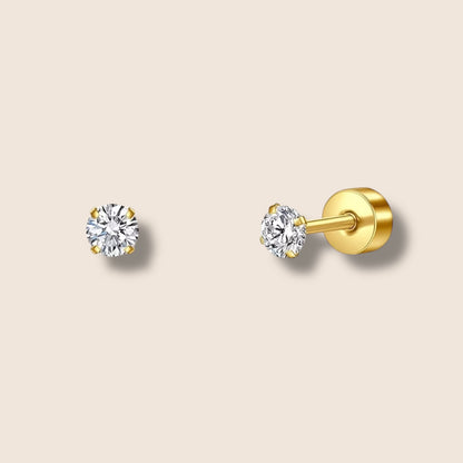Gold Round CZ Flat Screw Back Studs