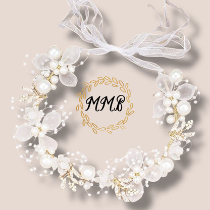 Gold, Pearl & Diamond Flower Halo Crown