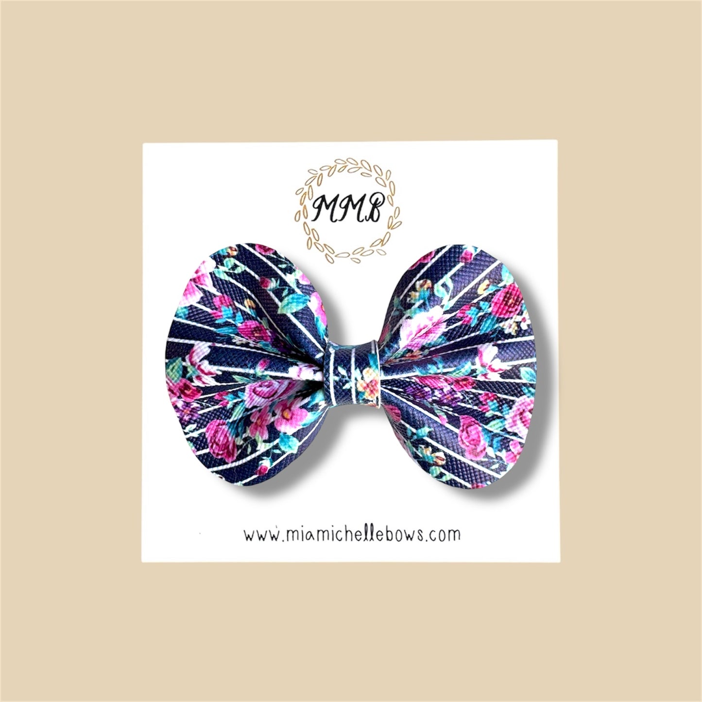 Navy Striped Floral Vegan Leather Bow