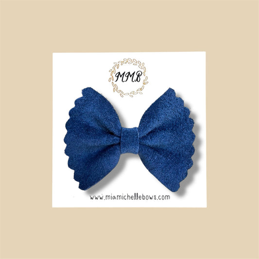 Navy Blue Suede Scalloped Genuine Leather Bow