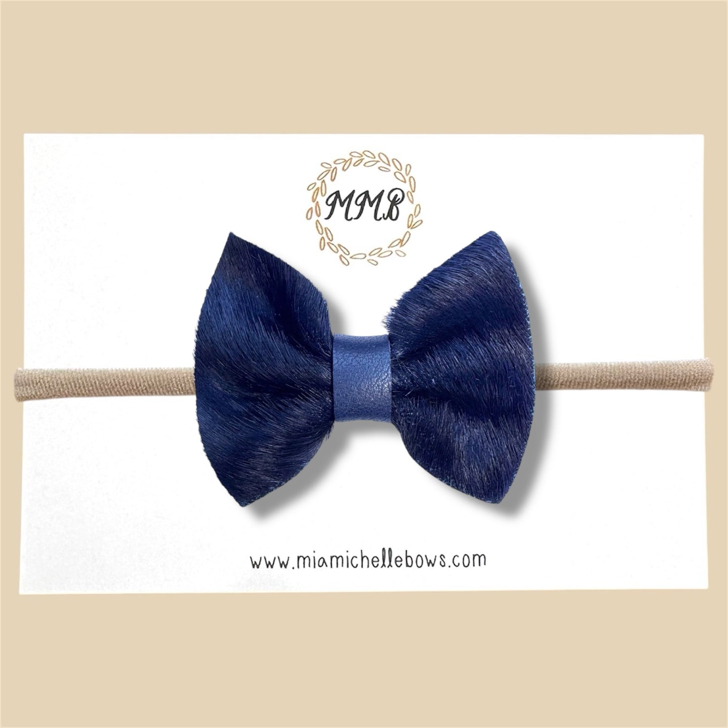Navy Fur Genuine Leather Bow
