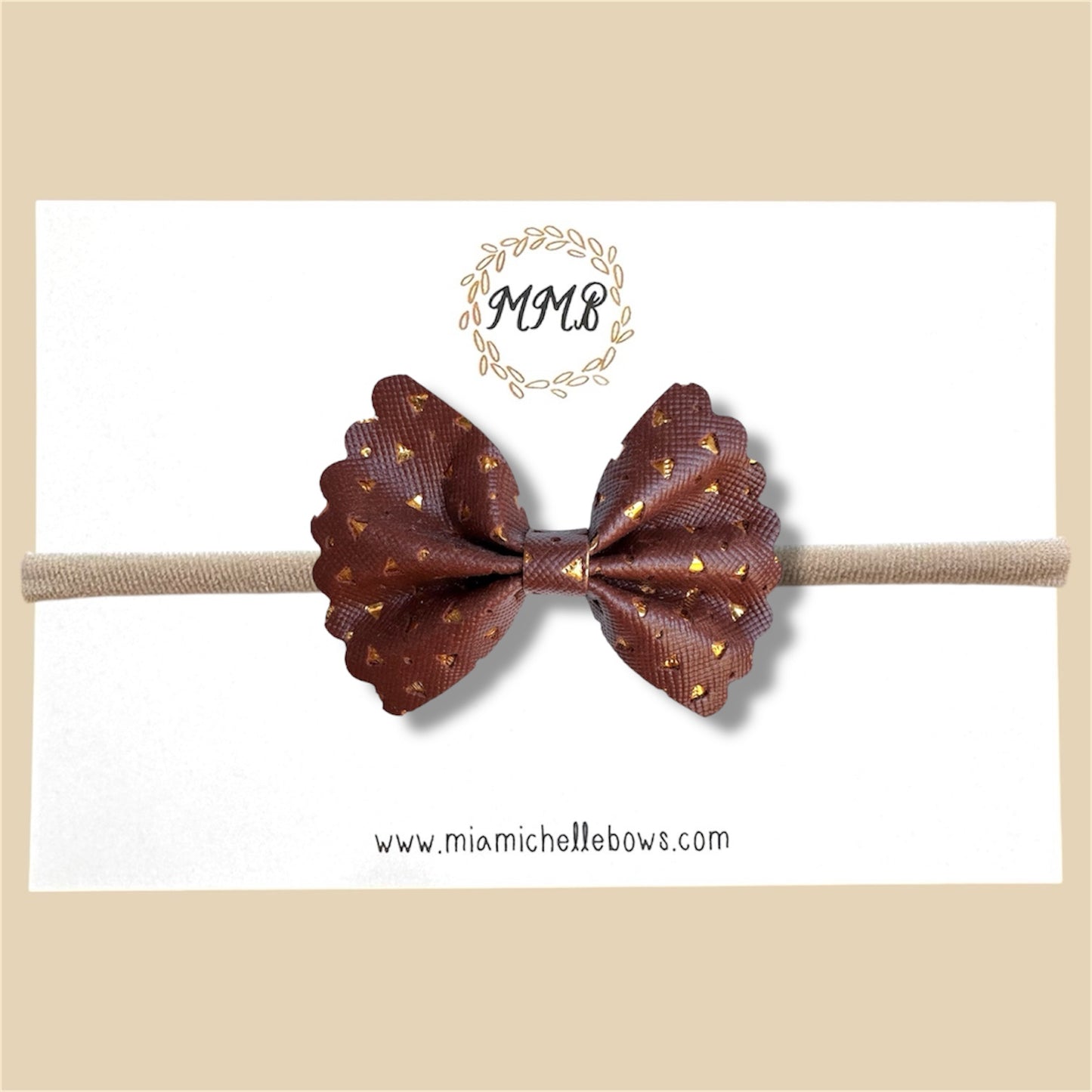 Brown & Gold Scalloped Vegan Leather Bow