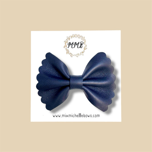 Dark Navy Scalloped Genuine Leather Bow