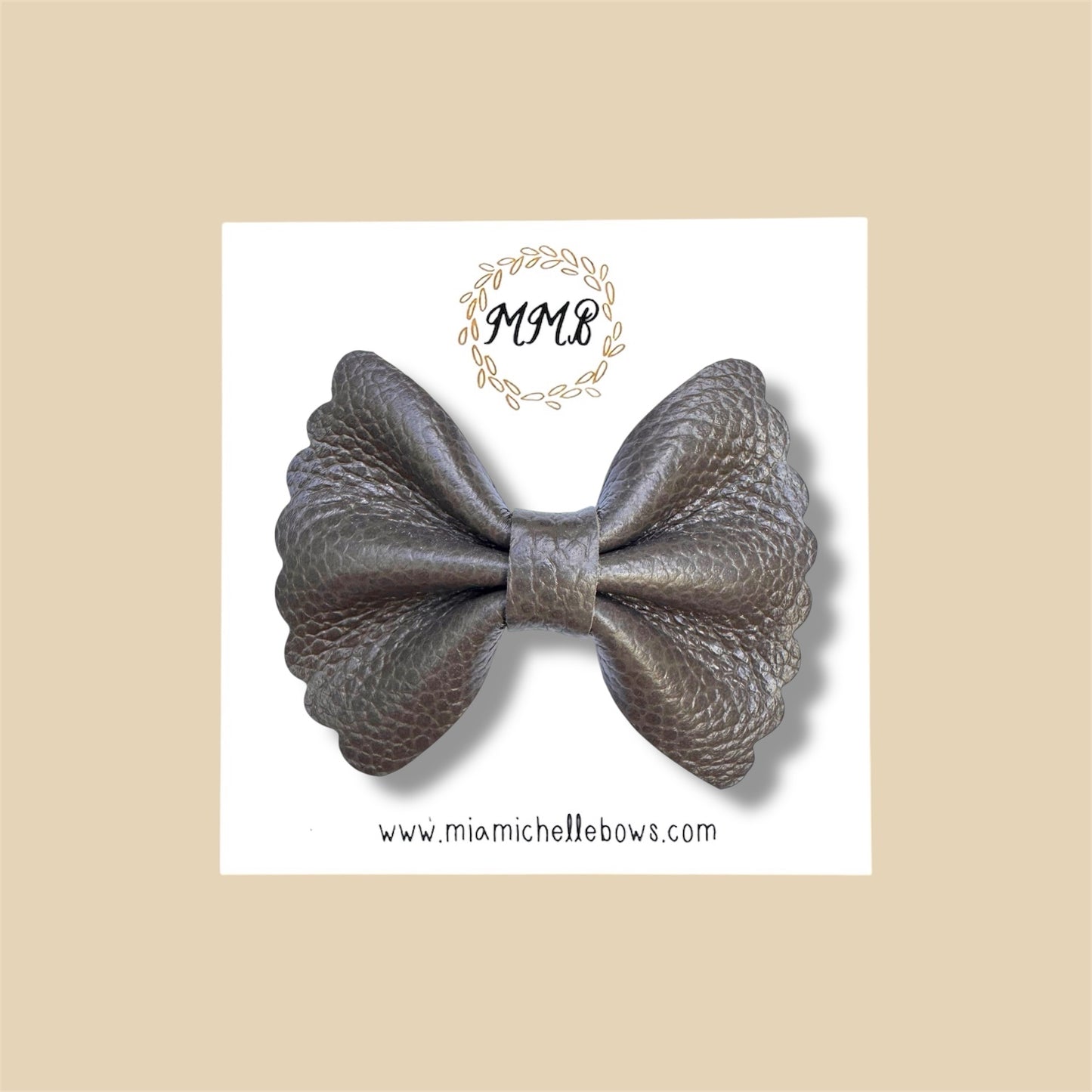 Dark Greige Scalloped Genuine Leather Bow
