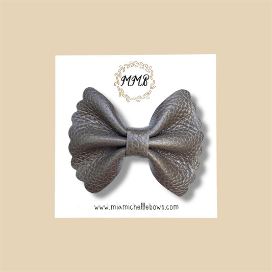 Dark Greige Scalloped Genuine Leather Bow