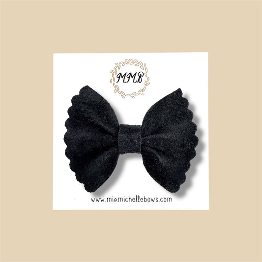 Black Suede Scalloped Genuine Leather Bow