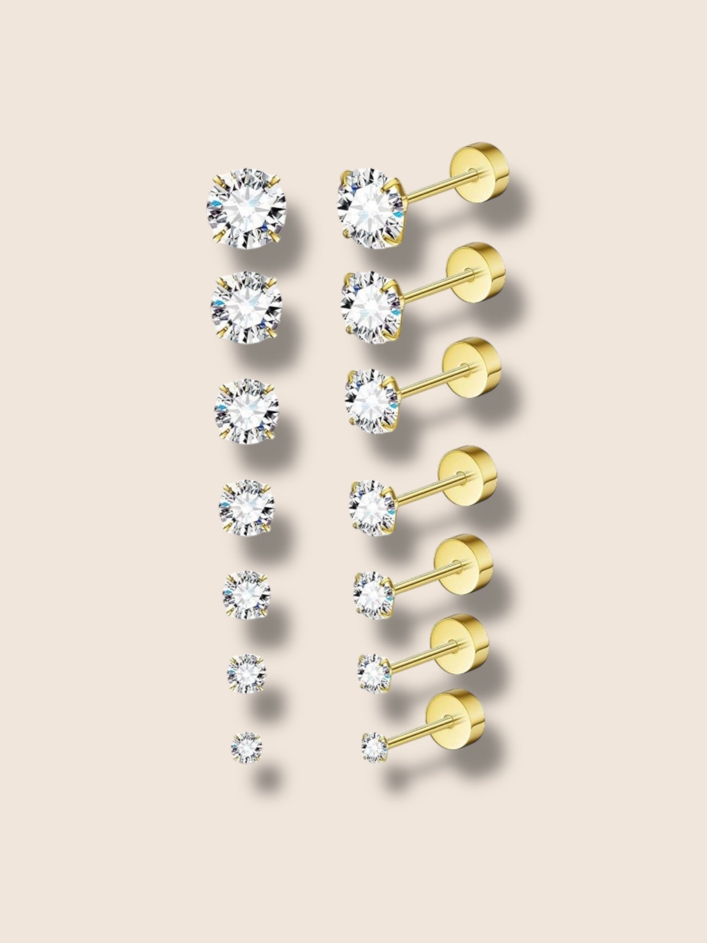 Gold Round CZ Flat Screw Back Studs