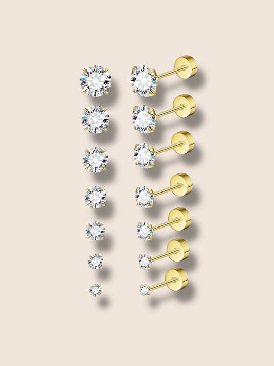 Gold Round CZ Flat Screw Back Studs