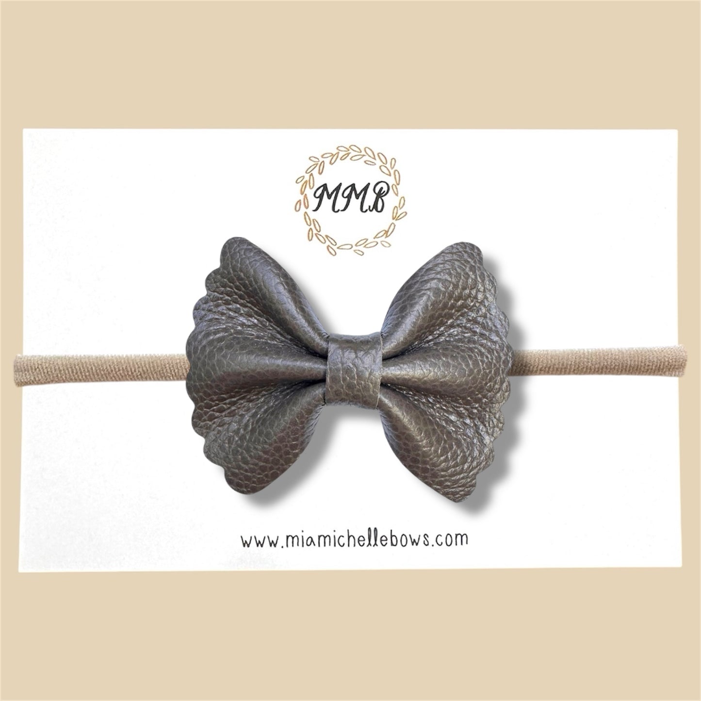 Dark Greige Scalloped Genuine Leather Bow