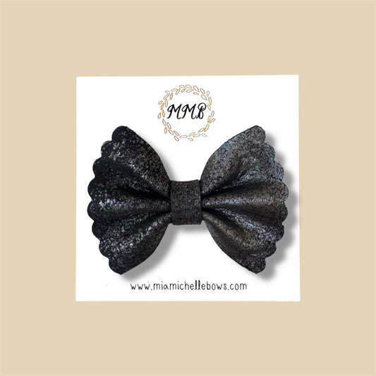 Vintage Black Shimmer Scalloped Genuine Leather Bow