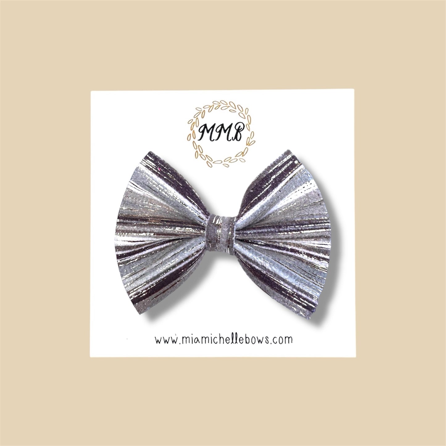 Vintage Gray Striped Vegan Leather Bow