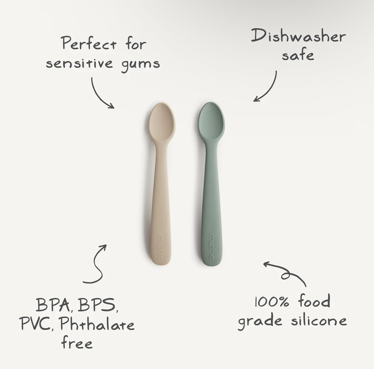 Mushie Silicone Feeding Spoons in Cambridge Blue / Shifting Sand