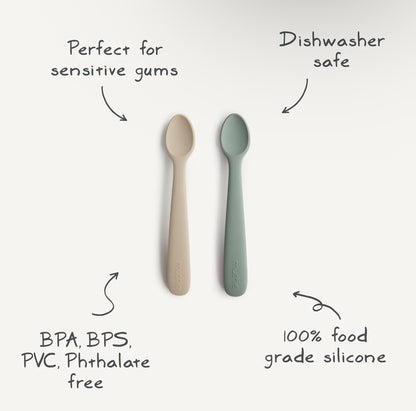 Mushie Silicone Feeding Spoons in Cambridge Blue / Shifting Sand