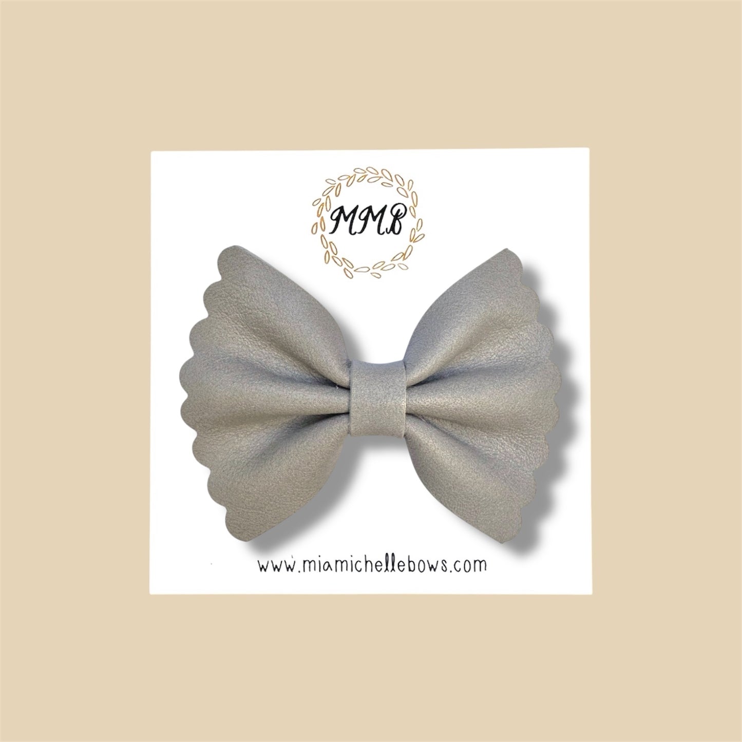 Greige Scalloped Genuine Leather Bow