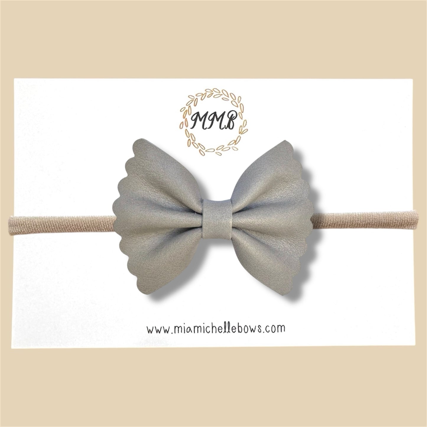 Greige Scalloped Genuine Leather Bow