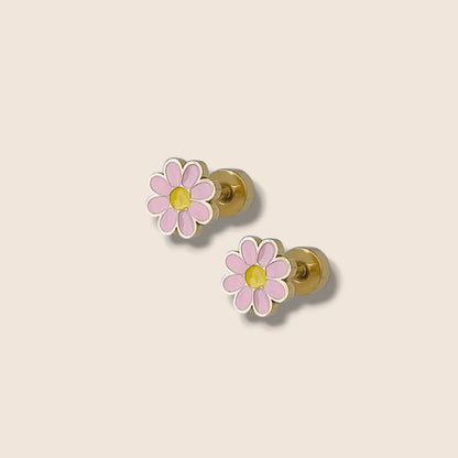 Gold Enamel Flower Screw Back Studs