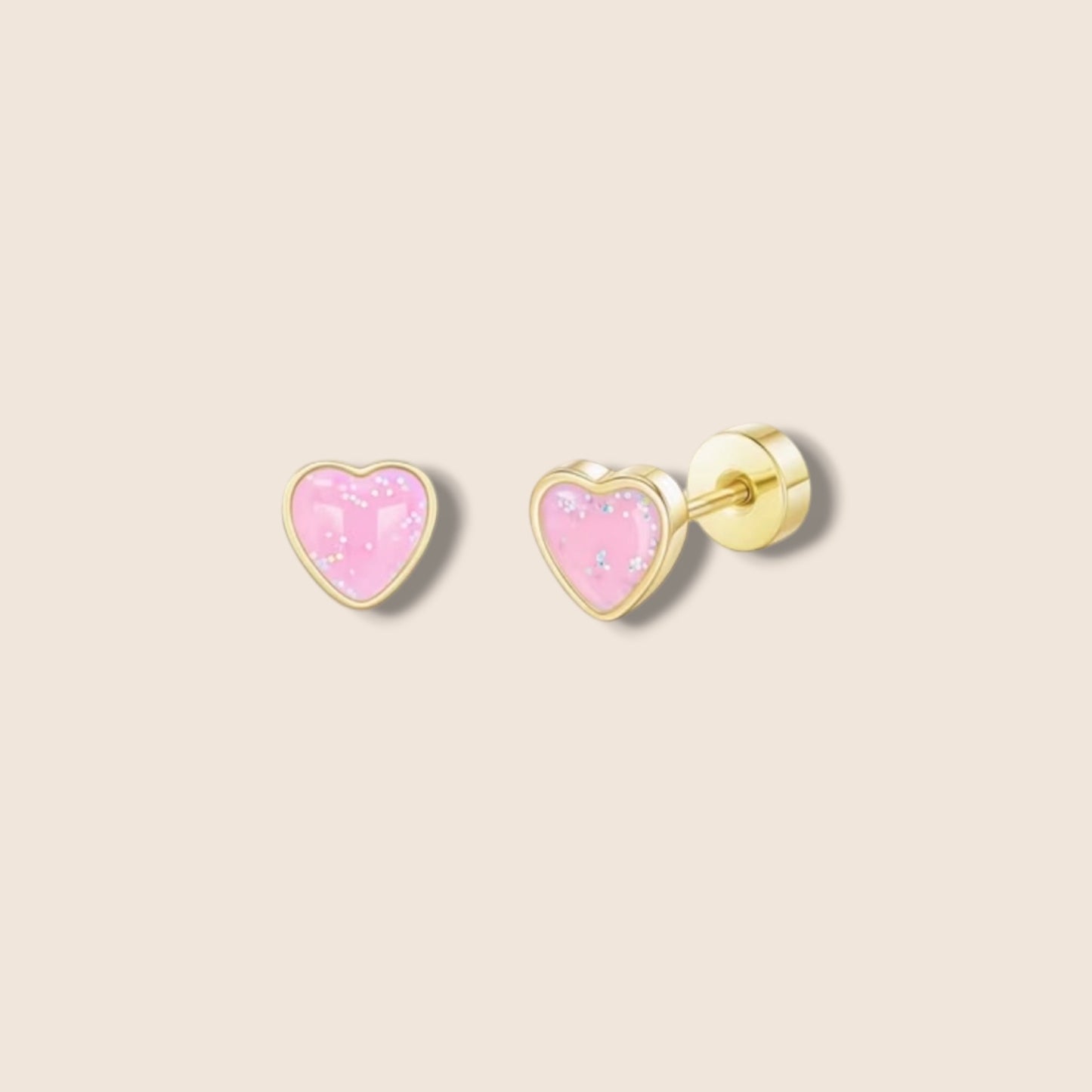 Pink Glitter Heart Screw Back Studs