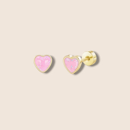 Pink Glitter Heart Screw Back Studs