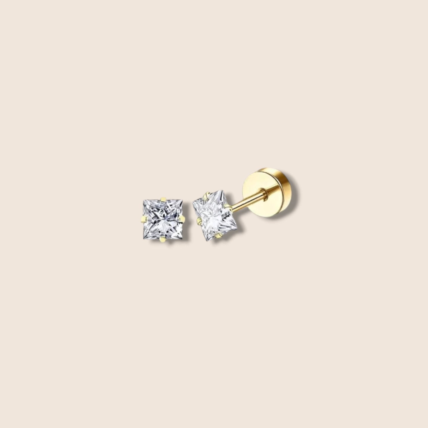 Gold Square CZ Flat Screw Back Studs