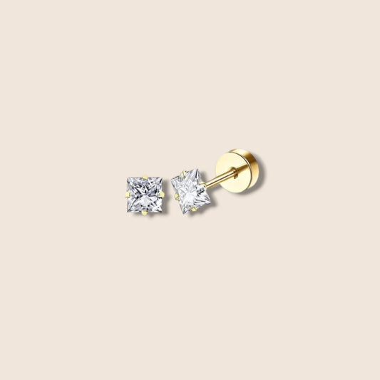 Gold Square CZ Flat Screw Back Studs