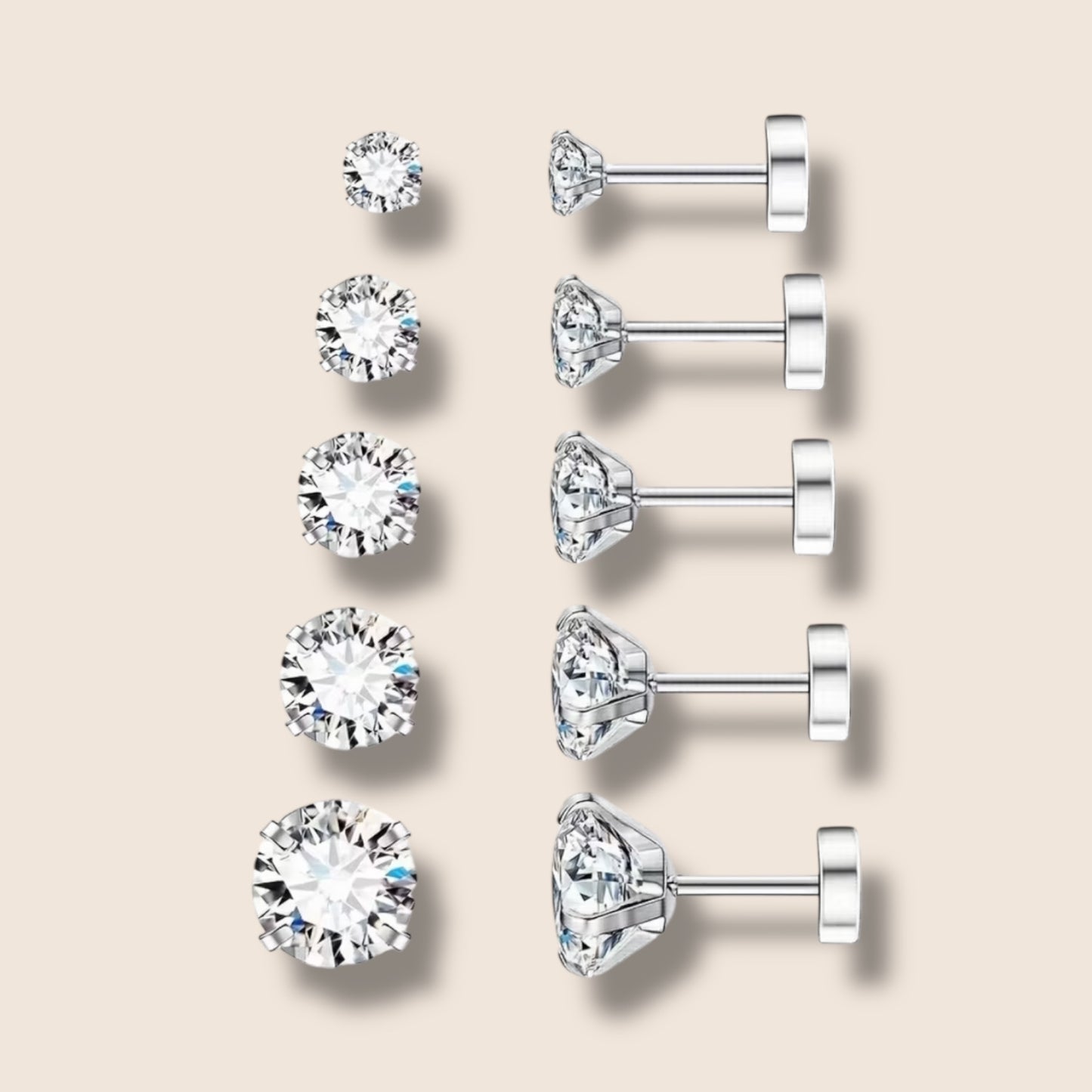 Silver Round CZ Flat Screw Back Studs
