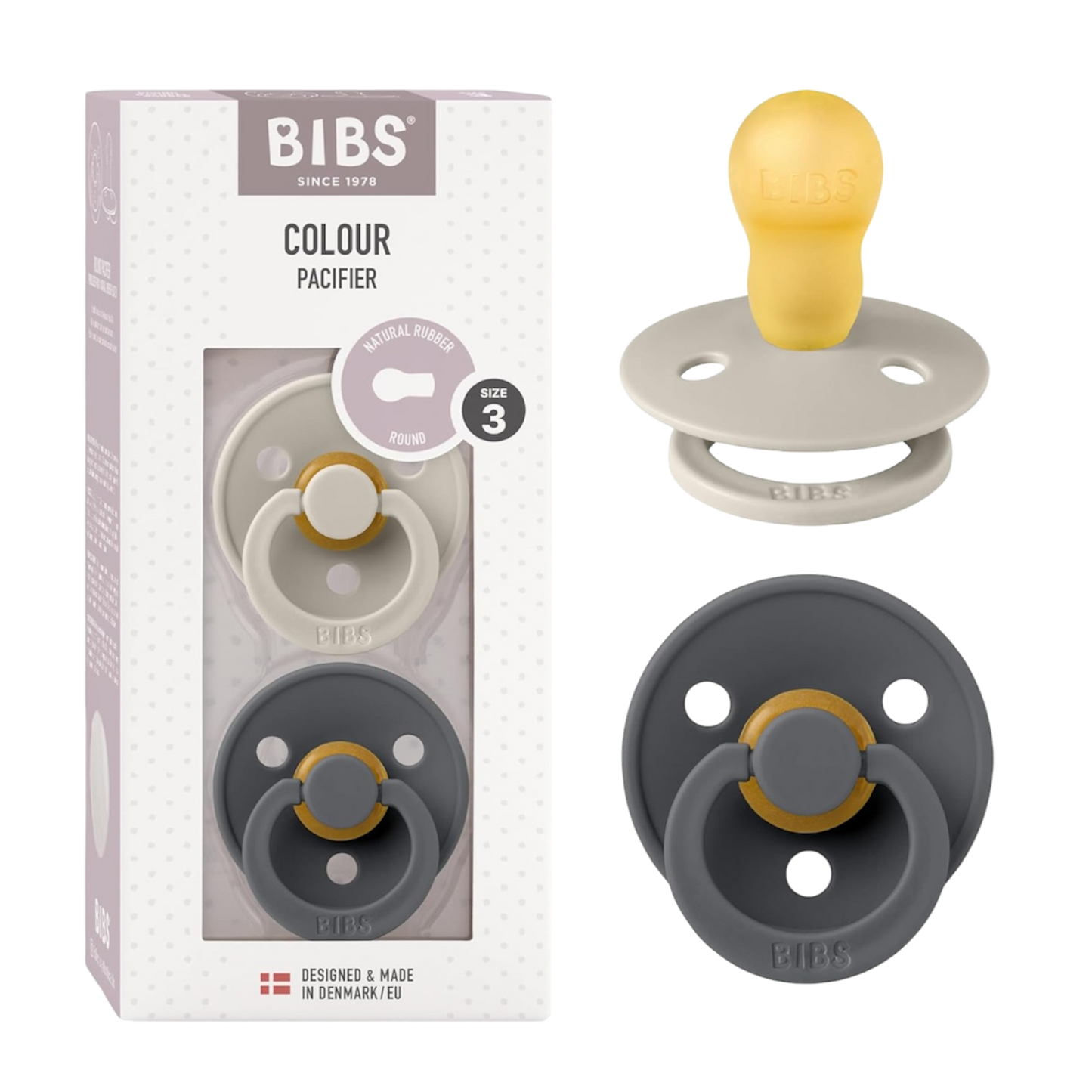 Size 3 Bibs Colour Rubber Pacifier 2 Pack- Sand/ Iron