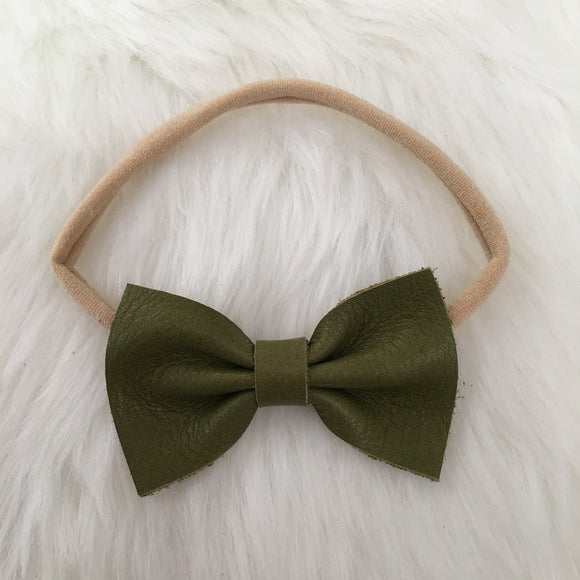 Olive Slim Genuine Leather Bow