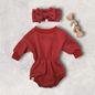 Handmade Rust Red Waffle Romper with Matching Bow